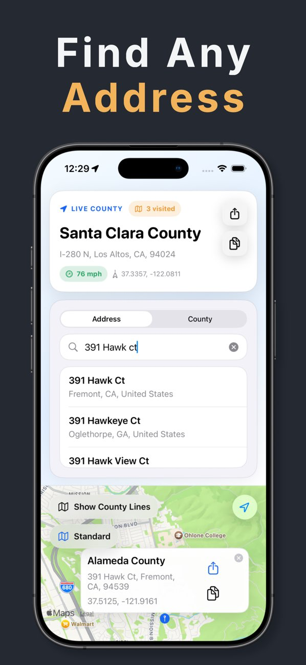 County Names & Lines address search results on the map