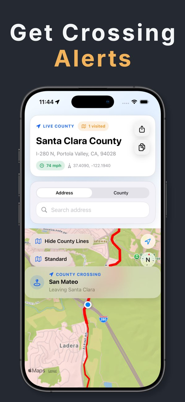 County crossing alert displayed on the live map