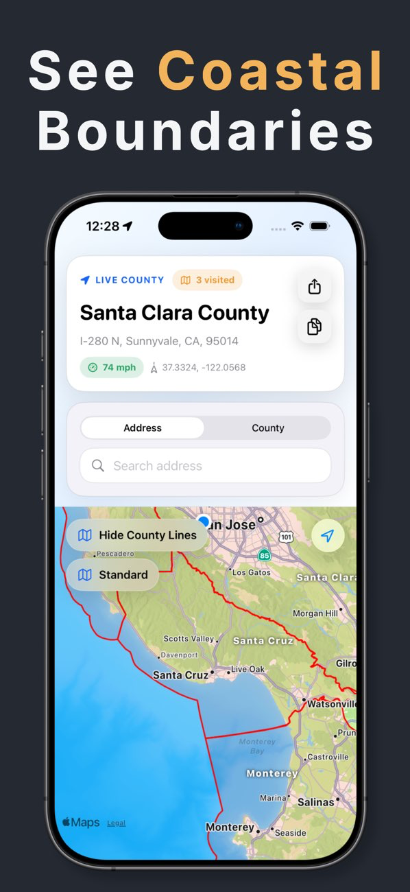 Coastal county boundary view in County Names & Lines